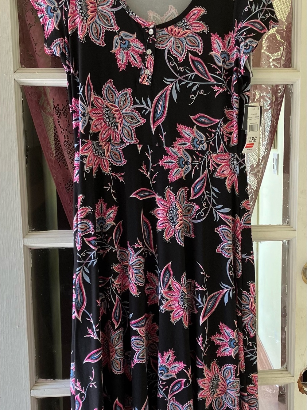 52seven Black Multi-Color Floral Short Sleeve Maxi Dress Size L NWT